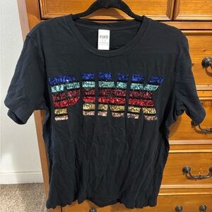 PINK Victoria's Secret Black Tee with Purple Sequin Logo